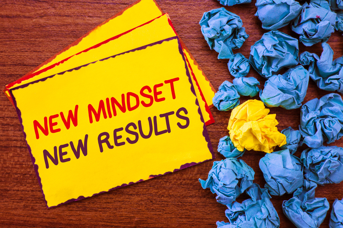 Writing note showing New Mindset New Results. Business photo showcasing Open to Opportunities No Limits Think Bigger